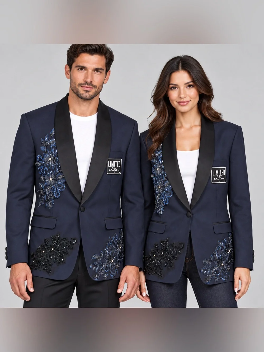 Upcycled unisex Navy Satin-Lapel Embroidered Blazer size 42 r or size M